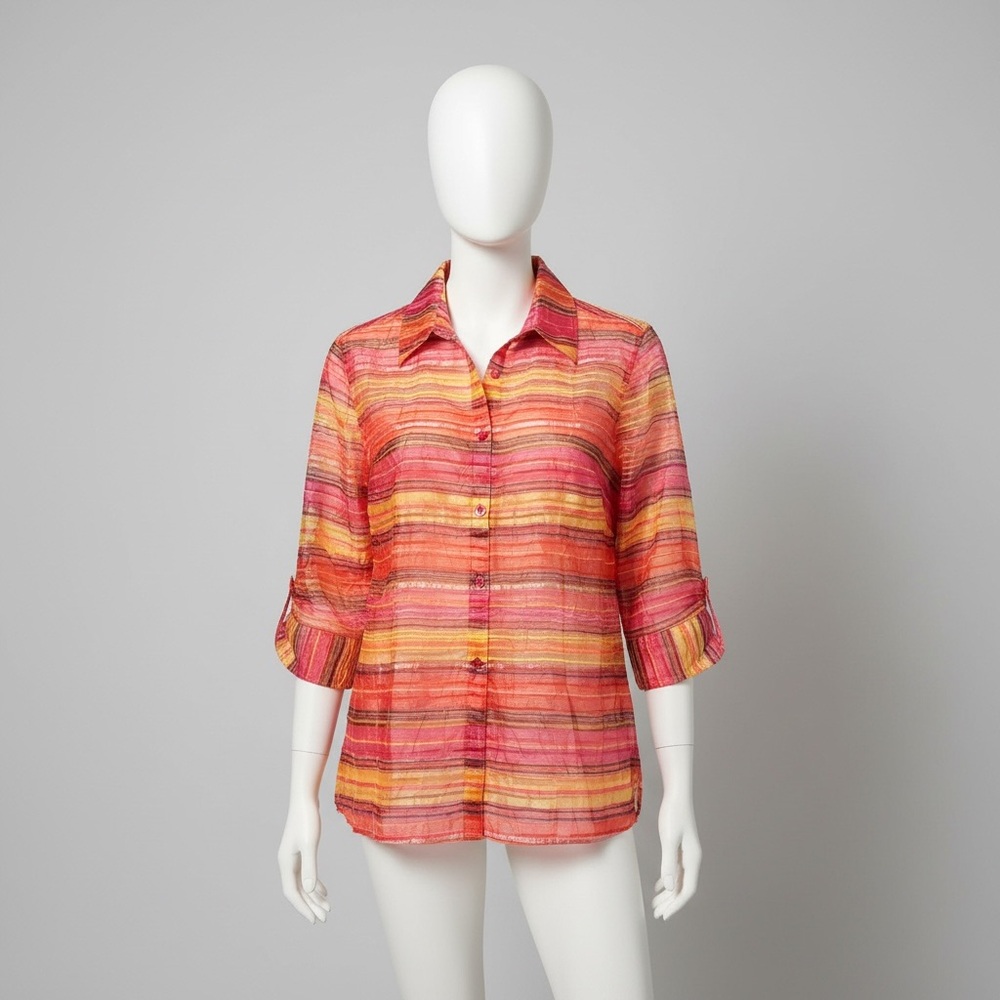 Valerie Stevens’ Vibrant semi sheer light weight orange striped button-up 😍wow🔥
